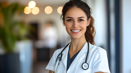 A smiling healthcare professional in a clinical setting.