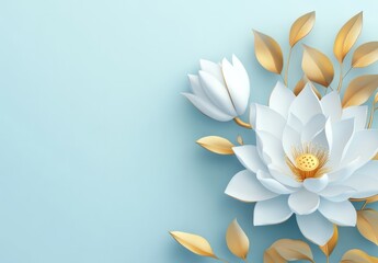 Fototapeta premium 3D render of a white lotus flower with golden leaves on a light blue background