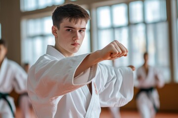 Teenage boy in karate class practicing kata in gymnasium