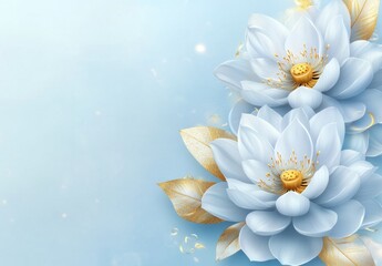 3D render of a white lotus flower with golden leaves on a light blue background