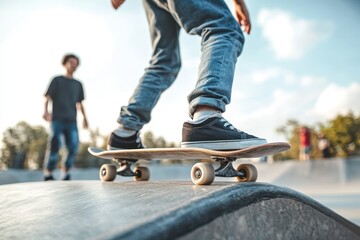 Teenage boy skateboarding with friends outdoors full length portrait space for text