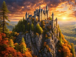 Obraz premium Fantasy Castle in Enchanted Forest. Generative AI.