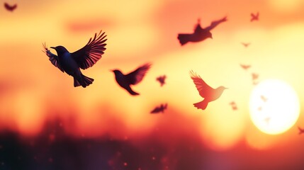 Fototapeta premium Silhouettes of birds flying against a vibrant sunset sky.