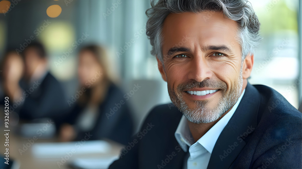 Poster a smiling man in a business setting with colleagues in the background.