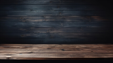 Dark background wall with empty wooden table, for for product display