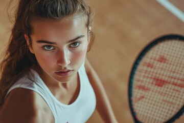 Teenage girl in white sportswear playing squash on court with racket