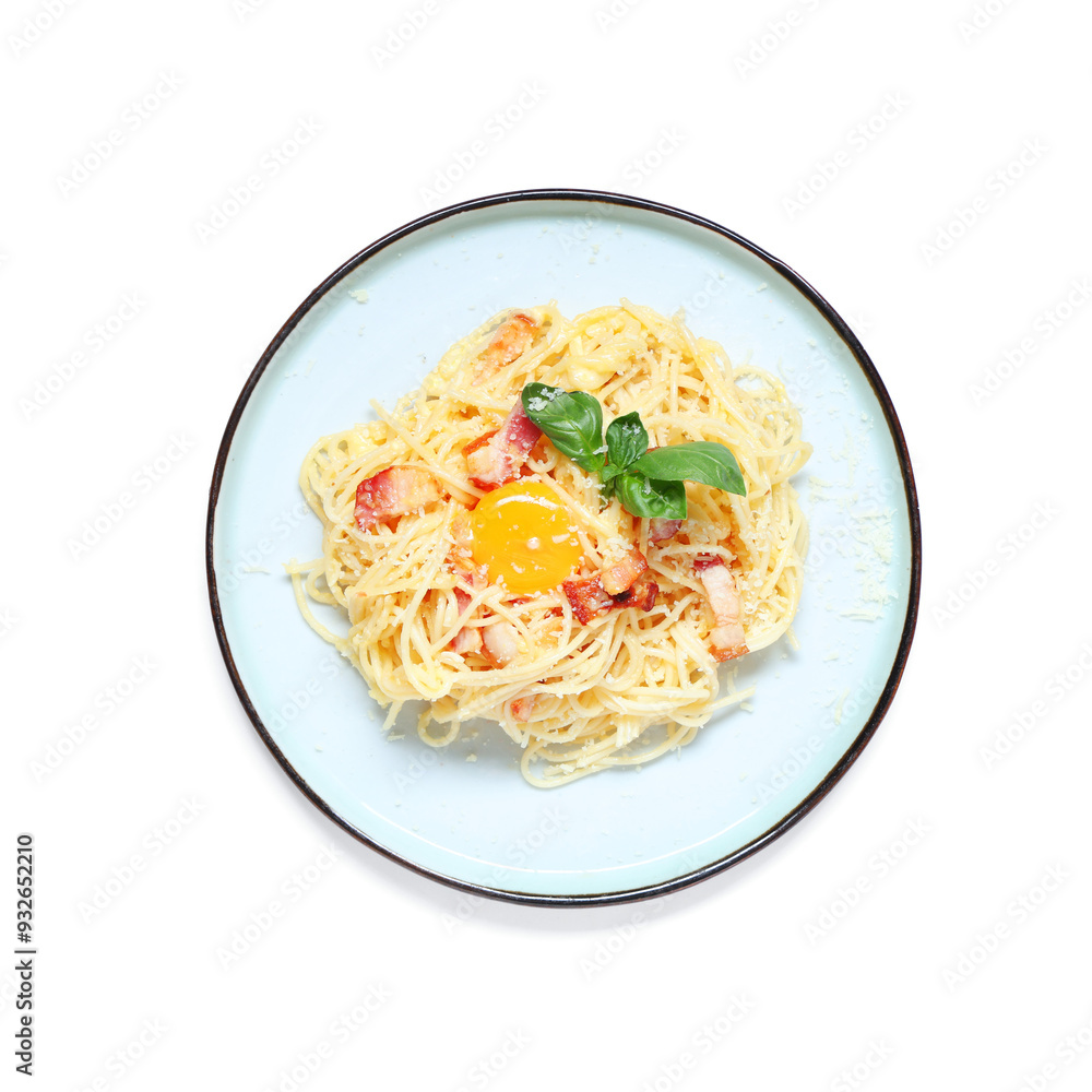 Canvas Prints Plate with tasty pasta carbonara on white background