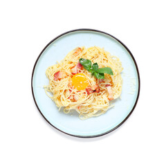 Plate with tasty pasta carbonara on white background