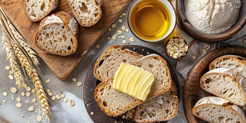Sourdough Bread and Butter on a Slice with Nutritious Carbs on a Kitchen Table or Fibre Top View of Wheat and Rye Snack on Wooden Board Grain and Organic Ingredients for Artisan Home cooked