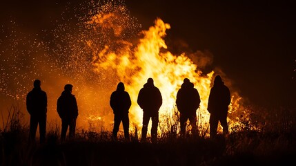 Fototapeta premium Silhouettes of four people standing in front of a large bonfire at night.