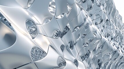 5. A modern architectural surface with a 3D metal wall, displaying an abstract mirrored design in white and gray, with intricate textures and futuristic appeal