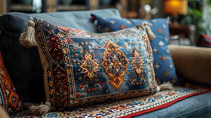 Colorful Pillow with Tassels on a Blue Couch - Home Decor Photography