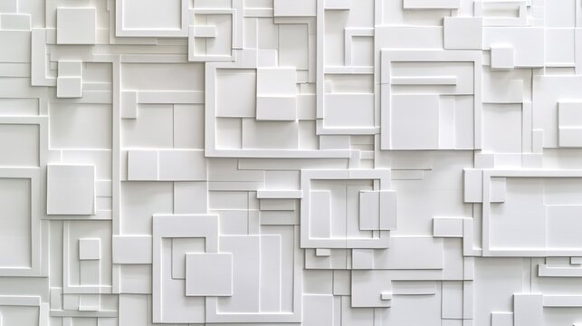 2. A plain white abstract wallpaper with intricate geometric shapes and square patterns, ideal for contemporary ceiling design