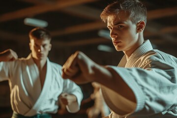 Teenager trains in karate with instructor in gym