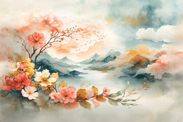 watercolor landscape background with flowers	