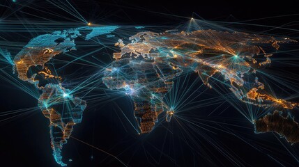 A 3D map with interconnected lines showing the movement of goods across the world, reflecting global logistics networks