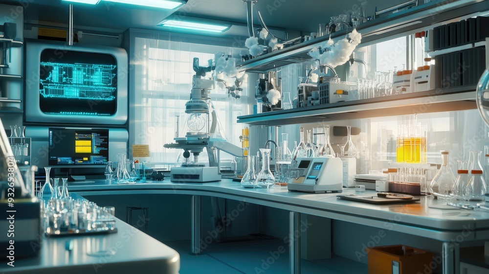 Aufkleber a brightly lit laboratory with an array of advanced equipment, digital displays, and clean glassware