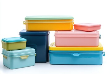 Variety of lunch boxes in various colors and sizes on white background