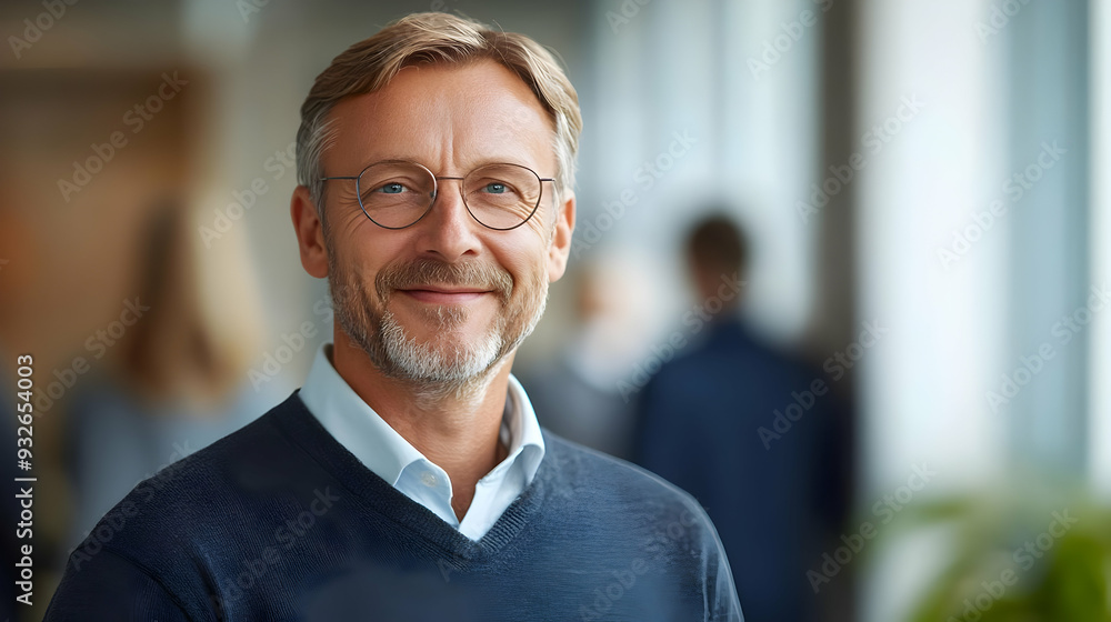 Poster a smiling man in a professional setting with a blurred background.