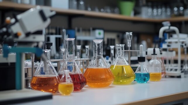 A chemistry lab background with colorful liquids bubbling in flasks and advanced titration equipment on a clean, organized bench.