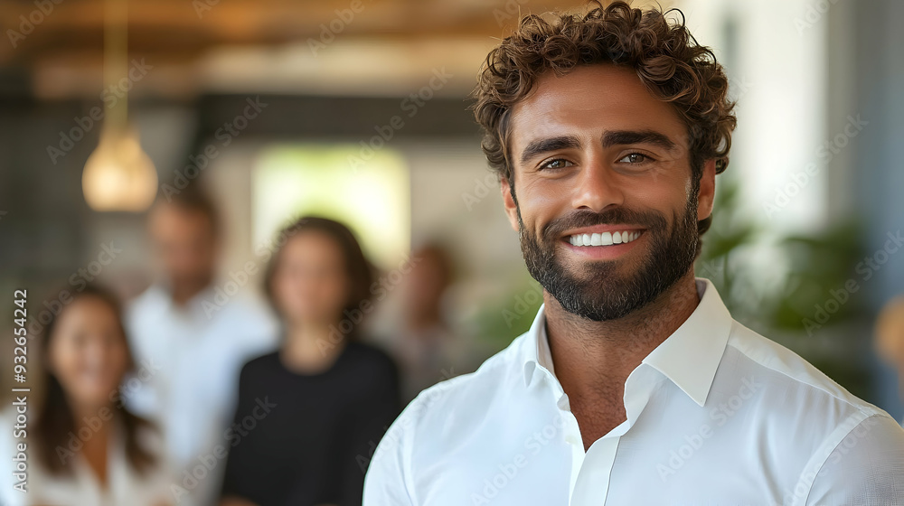 Poster a smiling man in a professional setting with colleagues in background.