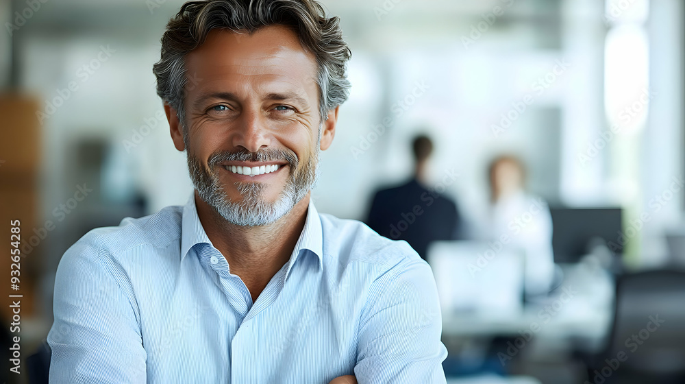 Poster a smiling man in a professional setting with colleagues in background.