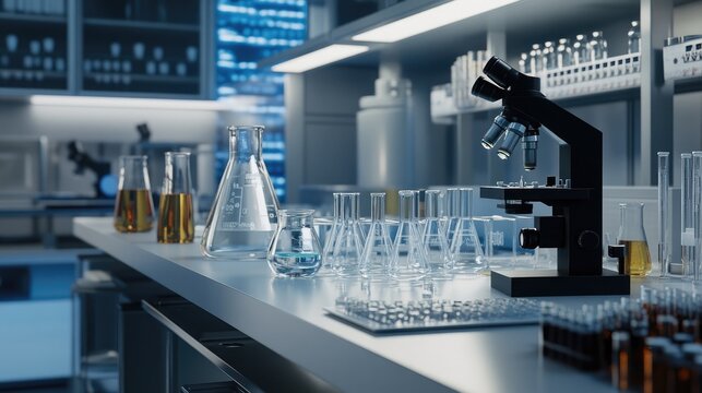 A clean and sterile lab environment with glass beakers, test tubes, and microscopes neatly arranged on a workbench, ready for experiments.