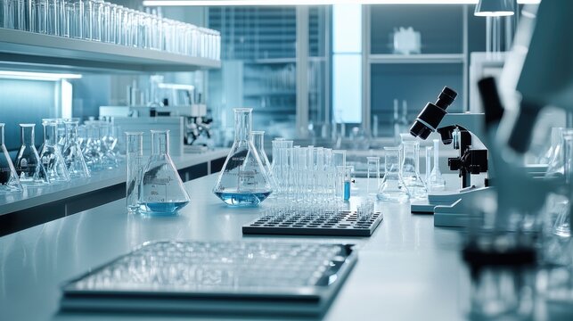 A clean and sterile lab environment with glass beakers, test tubes, and microscopes neatly arranged on a workbench, ready for experiments.