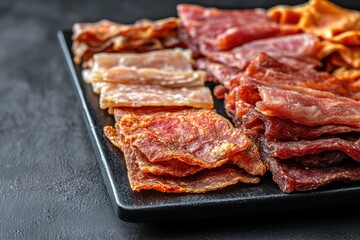 Obraz premium Various types of jerky on rustic background