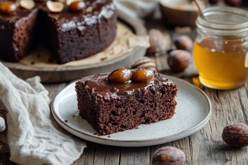 Vegan chocolate chestnut brownie bread with honey caramel sauce homemade