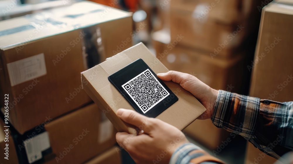 Aufkleber a close-up of hands scanning a qr code on a package for real-time tracking in the logistics process.