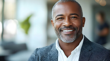 Fototapeta premium A smiling man in a professional setting, exuding confidence.