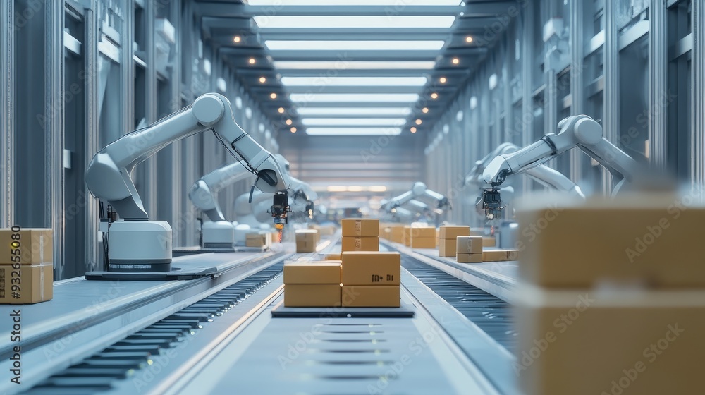 Aufkleber a distribution center with robotic arms sorting packages, reflecting the automation trends in modern