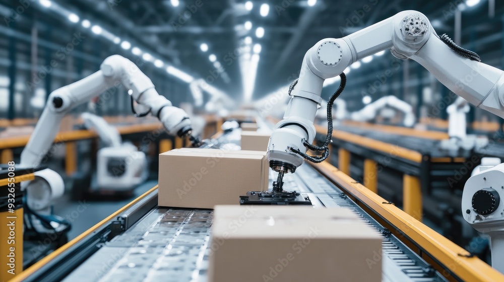 Aufkleber a distribution center with robotic arms sorting packages, reflecting the automation trends in modern