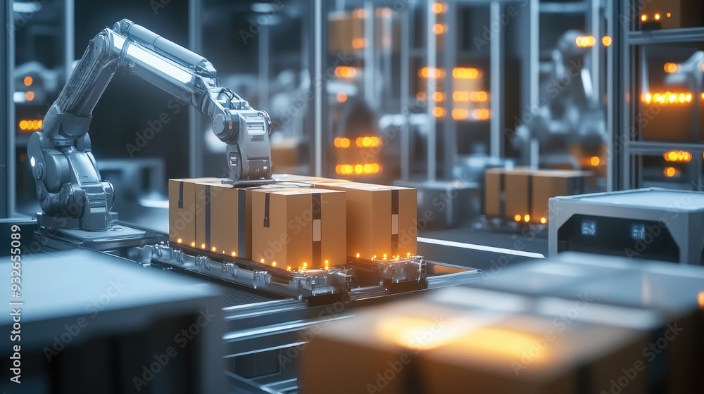Aufkleber a distribution center with robotic arms sorting packages, reflecting the automation trends in modern