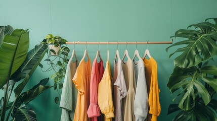 Colorful clothes hang on a rack in a green room, adding a pop of brightness to the space.
