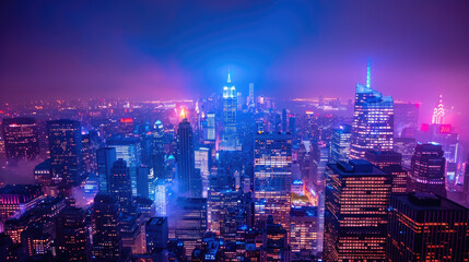 Obraz premium view of city illuminated in a neon blue spectrum in the distance 
