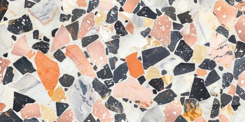 Seamless Dark Terrazzo Flooring Featuring a Blend of Granite, Marble, and Quartz Stones: An Artistic Mosaic Creation