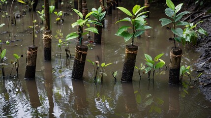 Naklejka premium 4. A collection of saplings tied and prepared for farmers in Southeast Asia, depicting the traditional blackening method in flooded rice fields during the rainy season, featuring rural settings from