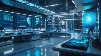 Fototapeta premium A futuristic laboratory filled with cutting-edge scientific equipment and glowing screens, showcasing advanced research tools and technologies.