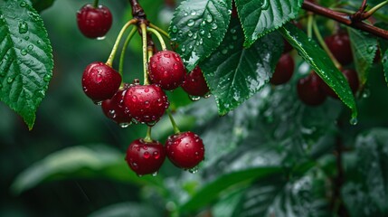 Obraz premium 1. Close-up of vibrant, wet cherries hanging from branches, glistening with rain droplets during the rainy season, surrounded by lush green leaves
