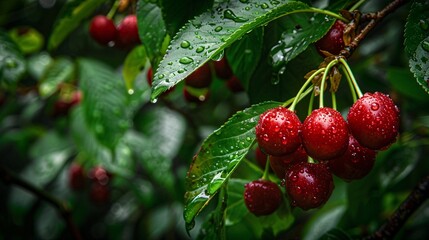 Obraz premium 1. Close-up of vibrant, wet cherries hanging from branches, glistening with rain droplets during the rainy season, surrounded by lush green leaves