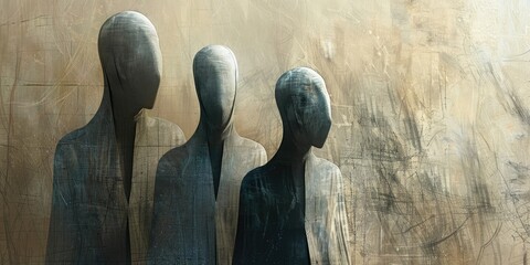 Artistic design for a magazine cover showcasing anonymous figures and textures symbolizing the three members of a revered family.