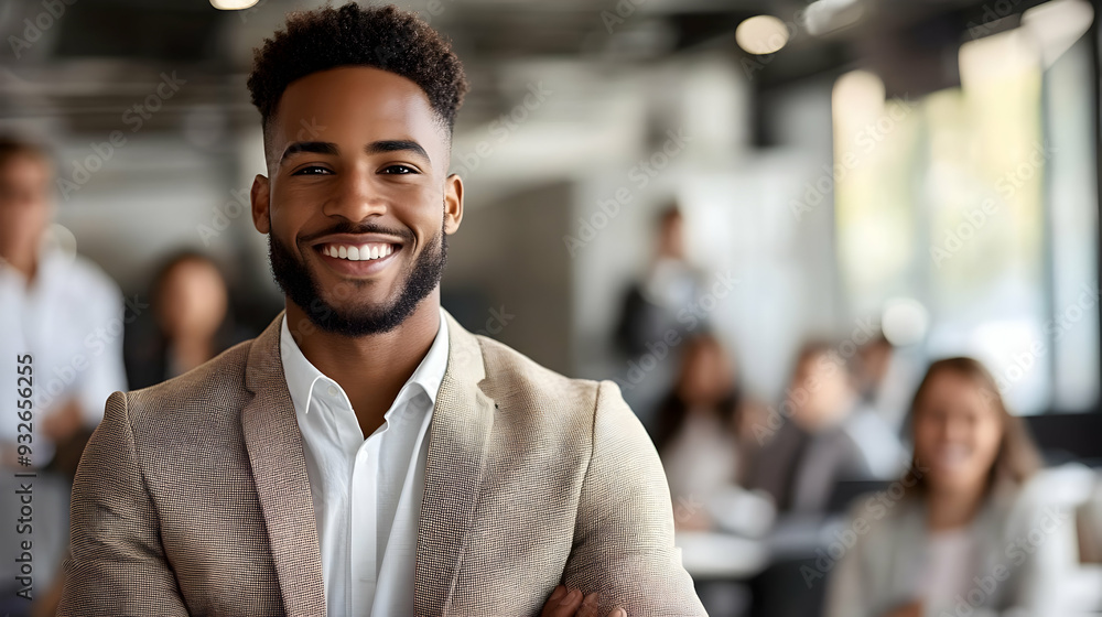 Poster a smiling man in a suit stands confidently in a professional setting with colleagues in the backgrou