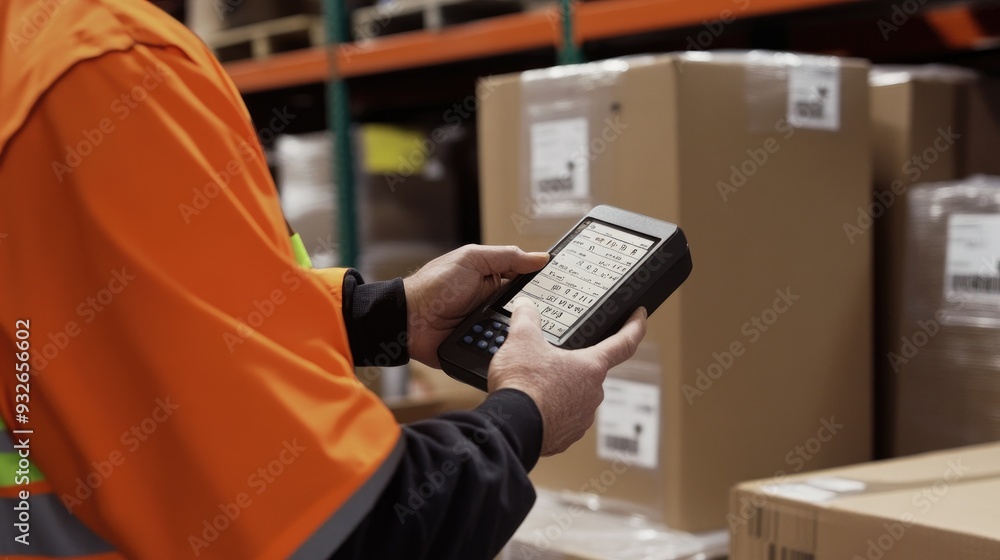 Poster a logistics employee scanning barcodes on packages with a handheld scanner, ensuring accurate tracki
