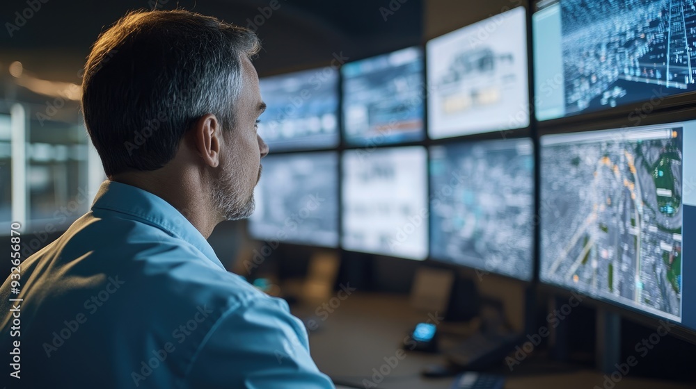 Aufkleber a logistics professional in a control room analyzing real-time data on multiple screens, focusing on