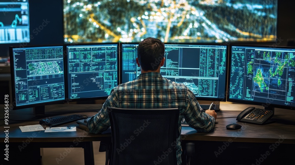 Poster a logistics professional in a control room analyzing real-time data on multiple screens, focusing on