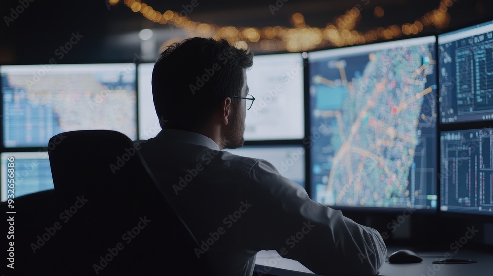 Aufkleber a logistics professional in a control room analyzing real-time data on multiple screens, focusing on