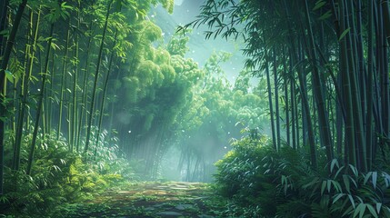 Obraz premium 2. Serene pathway winding through a vibrant green Japanese bamboo forest, flanked by towering bamboo stalks, with a soft mist adding a mystical atmosphere to the scene