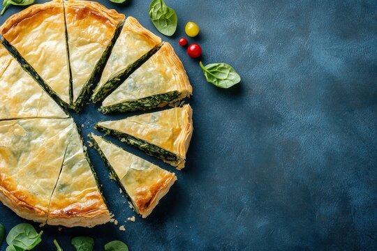 Vegetarian Vegan spanakopita recipes on blue background with fillo pastry slices Top view